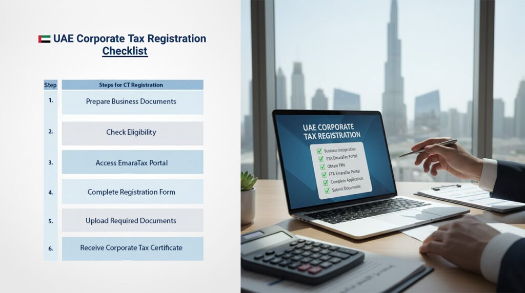 Step-by-step corporate tax registration process in the UAE, including TRN issuance, FTA portal, and compliance requirements for businesses.