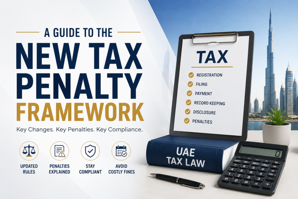 Professional split-screen graphic showcasing the UAE tax penalty overhaul effective April 14, 2026, comparing older heavy fines with new aligned Corporate Tax rates against a Dubai skyline.