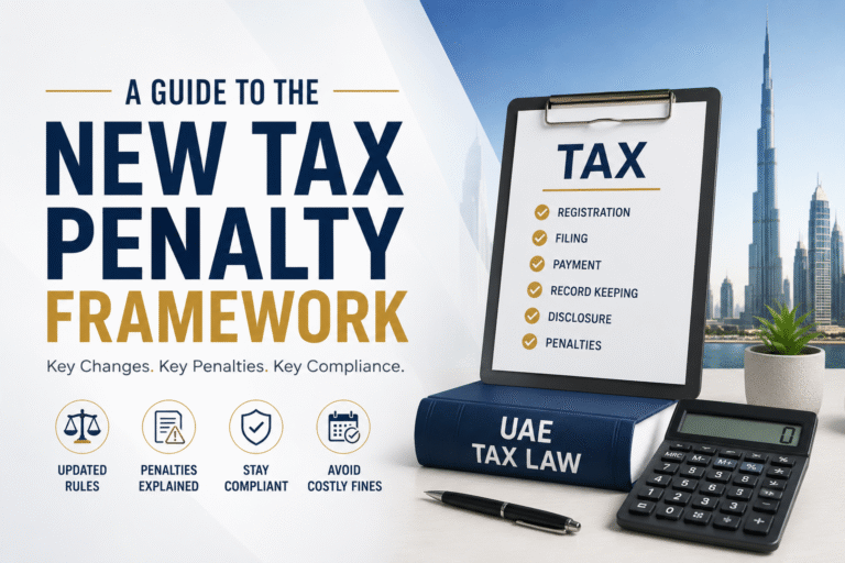 Professional split-screen graphic showcasing the UAE tax penalty overhaul effective April 14, 2026, comparing older heavy fines with new aligned Corporate Tax rates against a Dubai skyline.